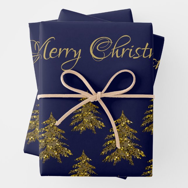 Sparkly gold Christmas tree on blue Christmas Wrapping Paper Sheet (In situ)