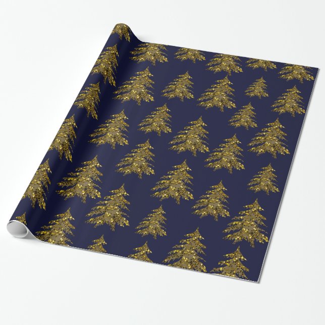 Sparkly gold Christmas tree on dark blue Wrapping Paper (Unrolled)