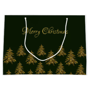 Sparkly gold Christmas tree on green Christmas Large Gift Bag