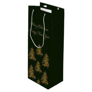 Sparkly gold Christmas tree on green Christmas Wine Gift Bag