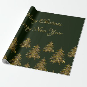 Sparkly gold Christmas tree on green Christmas Wrapping Paper