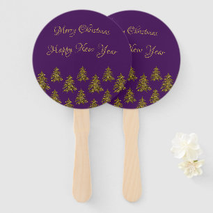 Sparkly gold Christmas tree on purple Christmas Hand Fan