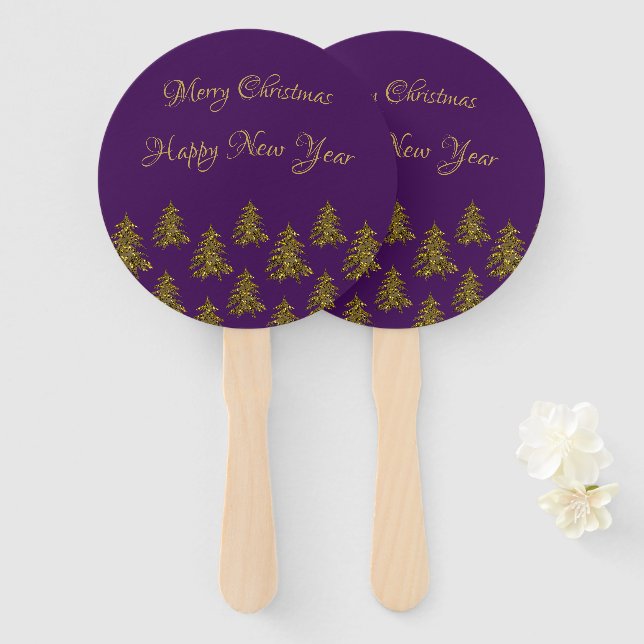 Sparkly gold Christmas tree on purple Christmas Hand Fan (Front and Back)