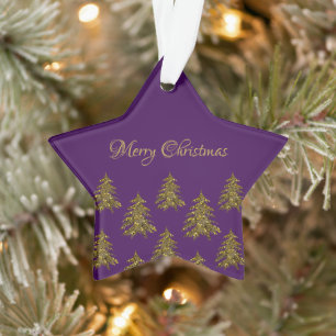 Sparkly gold Christmas tree on purple Christmas Ornament