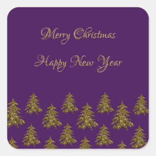 Sparkly gold Christmas tree on purple Christmas Square Sticker