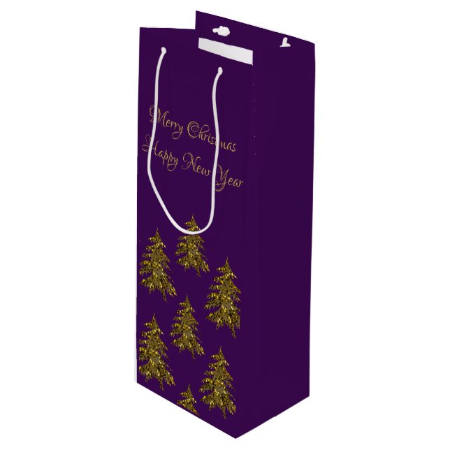 Sparkly gold Christmas tree on purple Christmas Wine Gift Bag (Front Angled)