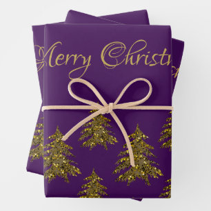 Sparkly gold Christmas tree on purple Christmas Wrapping Paper Sheet