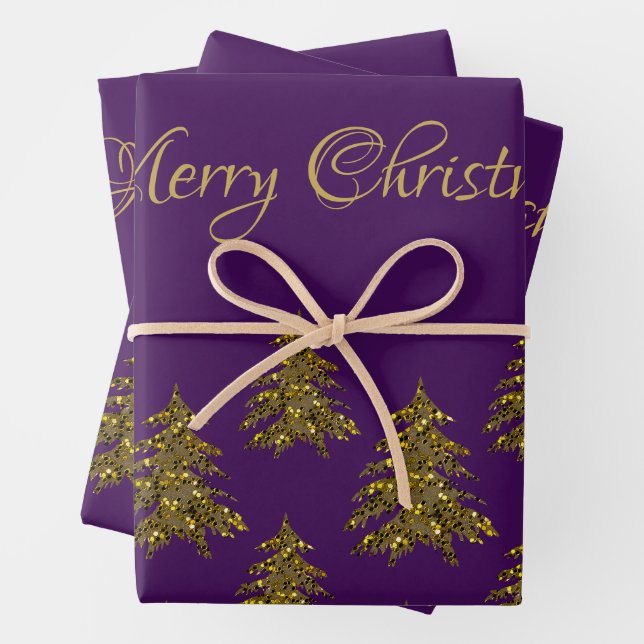 Sparkly gold Christmas tree on purple Christmas Wrapping Paper Sheet (In situ)