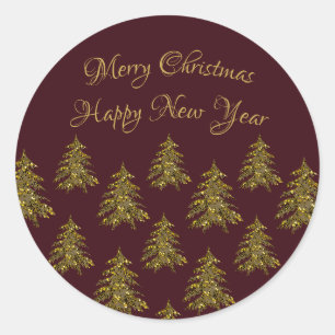 Sparkly gold Christmas tree on red Christmas Classic Round Sticker