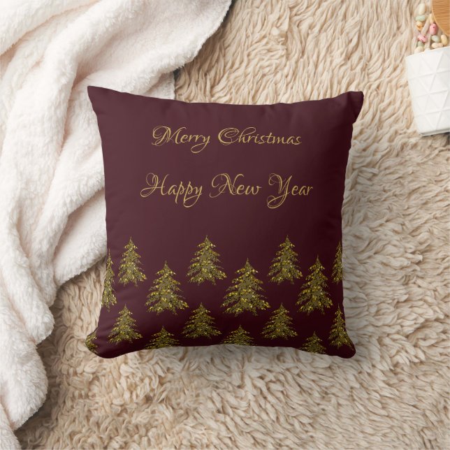 Sparkly gold Christmas tree on red Christmas Cushion (Blanket)