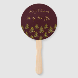Sparkly gold Christmas tree on red Christmas Hand Fan