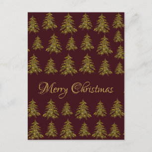 Sparkly gold Christmas tree on red Christmas Holiday Postcard