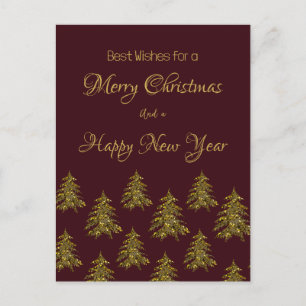 Sparkly gold Christmas tree on red Christmas Holiday Postcard