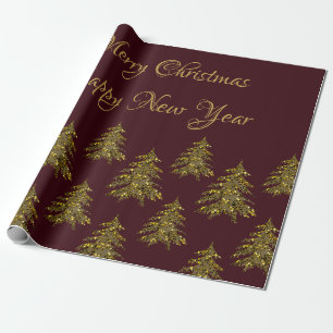 Sparkly gold Christmas tree on red Christmas Wrapping Paper