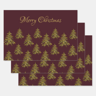 Sparkly gold Christmas tree on red Christmas Wrapping Paper Sheet