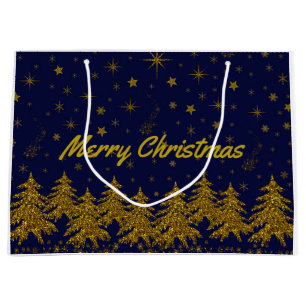 Sparkly Gold Christmas Tree, stars and snow Large Gift Bag