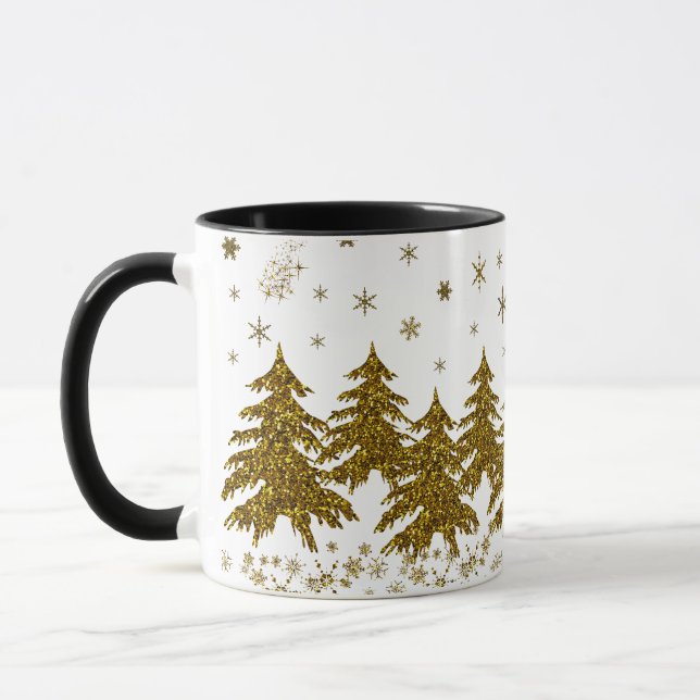 Sparkly Gold Christmas tree, stars, snow Mug (Left)