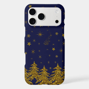 Sparkly Gold Christmas tree, stars, snow on blue