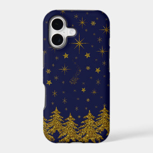 Sparkly Gold Christmas tree, stars, snow on blue