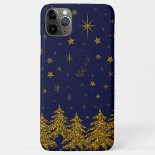 Sparkly Gold Christmas tree, stars, snow on blue Case-Mate iPhone Case