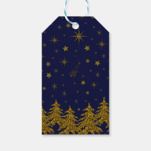 Sparkly Gold Christmas tree, stars, snow on blue Gift Tags