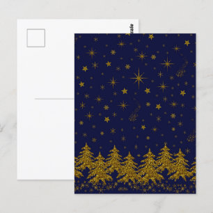 Sparkly Gold Christmas tree, stars, snow on blue  Postcard