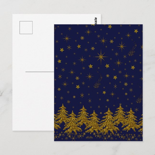 Sparkly Gold Christmas tree, stars, snow on blue  Postcard (Front/Back)