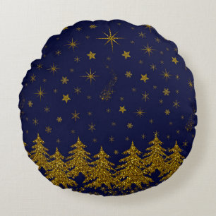 Sparkly Gold Christmas tree, stars, snow on blue Round Cushion