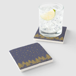 Sparkly Gold Christmas tree, stars, snow on blue Stone Coaster