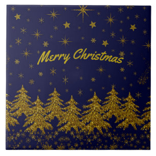 Sparkly Gold Christmas tree, stars, snow on blue   Tile