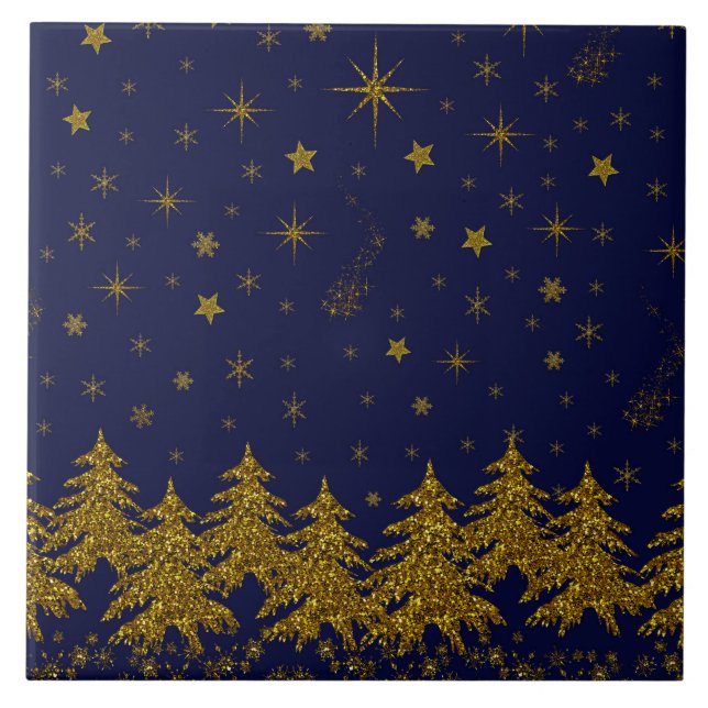 Sparkly Gold Christmas tree, stars, snow on blue  Tile (Front)