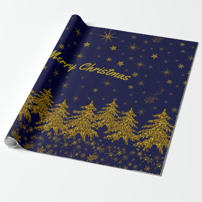 Sparkly Gold Christmas tree, stars, snow on blue W Wrapping Paper (Unrolled)