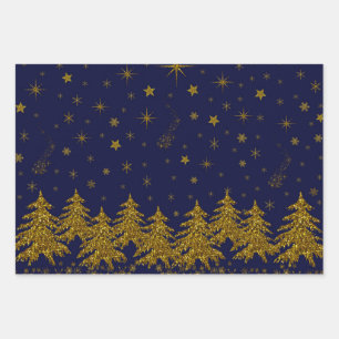 Sparkly Gold Christmas tree, stars, snow on blue Wrapping Paper Sheet