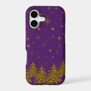 Sparkly Gold Christmas tree, stars, snow on purple