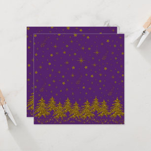 Sparkly Gold Christmas tree, stars, snow on purple Card