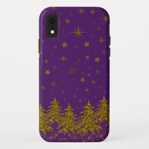 Sparkly Gold Christmas tree, stars, snow on purple Case-Mate iPhone Case