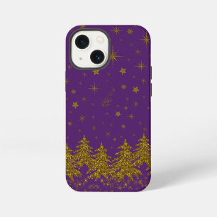 Sparkly Gold Christmas tree, stars, snow on purple iPhone 13 Mini Case