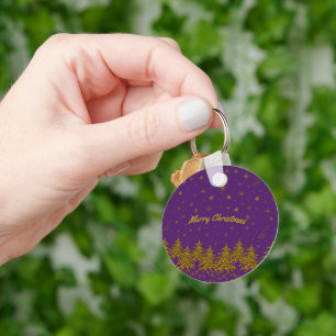 Sparkly Gold Christmas tree, stars, snow on purple Key Ring