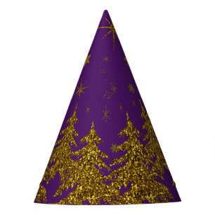 Sparkly Gold Christmas tree, stars, snow on purple Party Hat