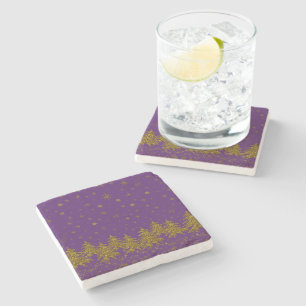 Sparkly Gold Christmas tree, stars, snow on purple Stone Coaster