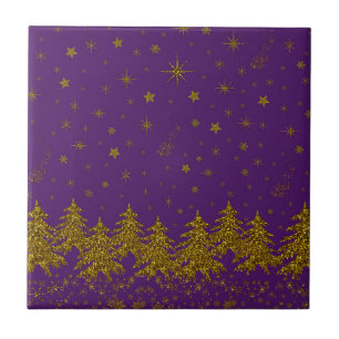 Sparkly Gold Christmas tree, stars, snow on purple Tile