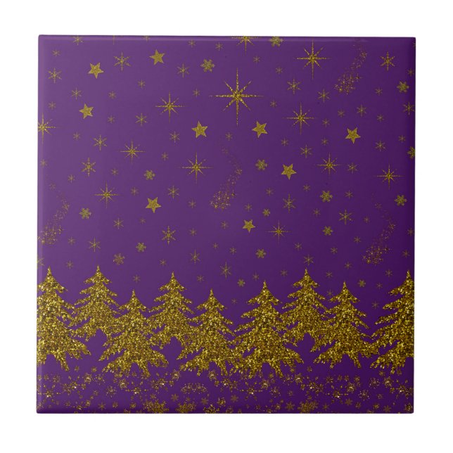 Sparkly Gold Christmas tree, stars, snow on purple Tile (Front)