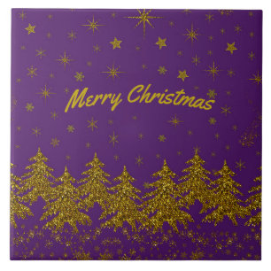 Sparkly Gold Christmas tree, stars, snow on purple Tile