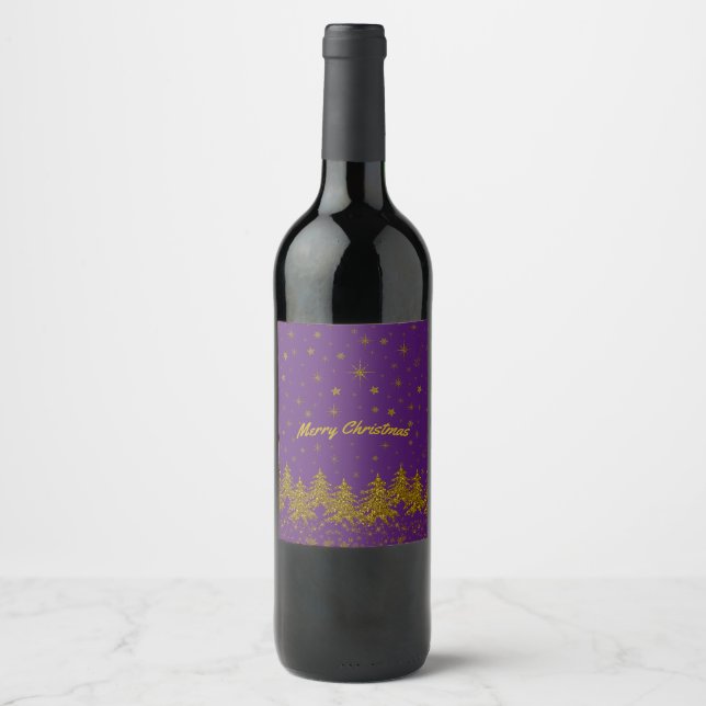 Sparkly Gold Christmas tree, stars, snow on purple Wine Label (Front)
