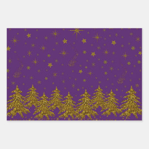 Sparkly Gold Christmas tree, stars, snow on purple Wrapping Paper Sheet