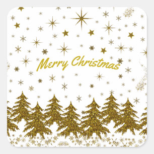 Sparkly Gold Christmas tree, stars, snow on Square Sticker
