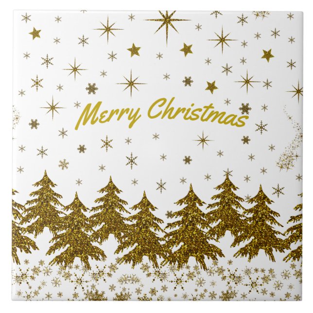 Sparkly Gold Christmas tree, stars, snow Tile (Front)