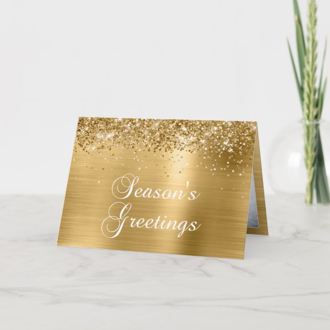Sparkly Gold Family Photo Season's Greetings Holiday Card (Front)
