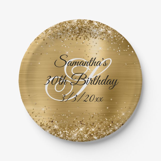 Sparkly Gold Glitter and Foil 30th Birthday Paper Plate (Front)