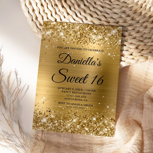 Sparkly Gold Glitter and Foil Sweet 16 Invitation (Create your own golden glam Sweet 16 invite for her.)